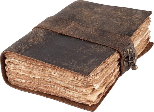 LEATHER VILLAGE Leather Bound Vintage Journal for Women & Men - Book of Shadows - Lock Closure - 200 Pages of Antique Deckle Edges Handmade Paper - Rustic Brown Color - 7 X 5 inches
