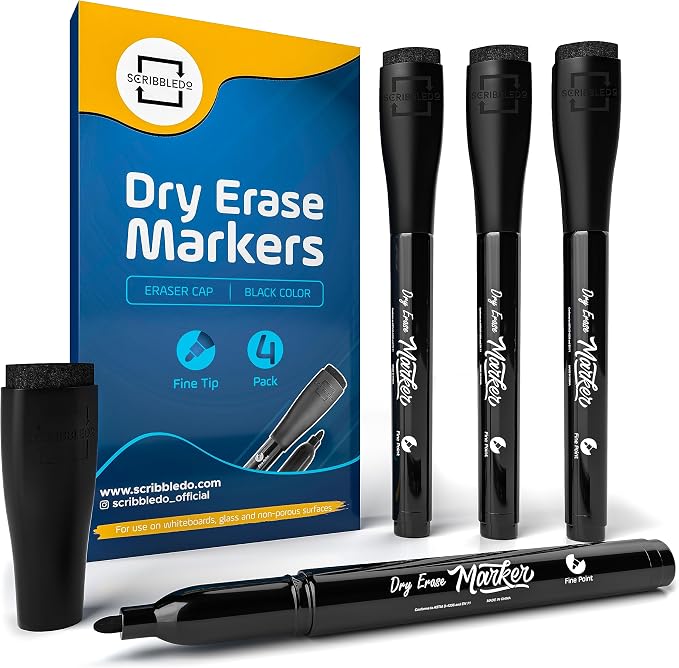 Scribbledo 4 Pack Fine Tip Dry Erase Markers Black Low-Odor Whiteboard Markers by Scribbledo