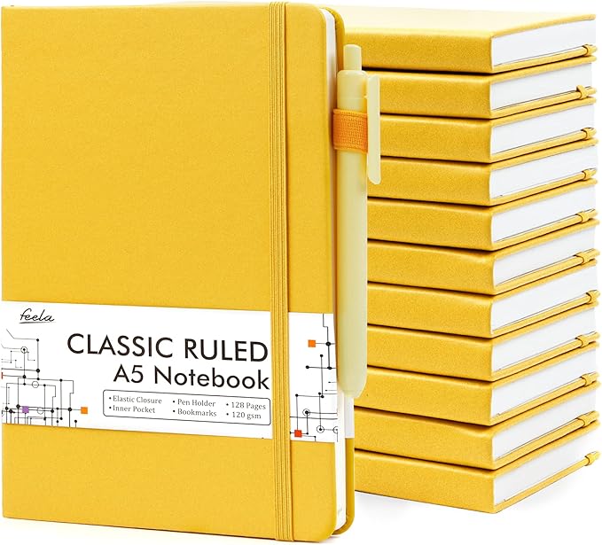 12 Pack Notebooks Journals Bulk with 12 Black Pens, Feela A5 Hardcover Notebook Classic Ruled Journal Set with Pen Holder for School Business Work Travel Writing, 120 GSM, 5.1”x8.3”, Yellow-DeskLoop Office