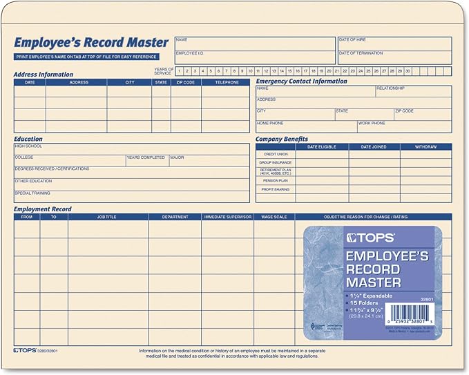 TOPS Employee Record Master File Jacket, 1-1/4 Inch Expandable, 11.75 x 9.5 - Image 2