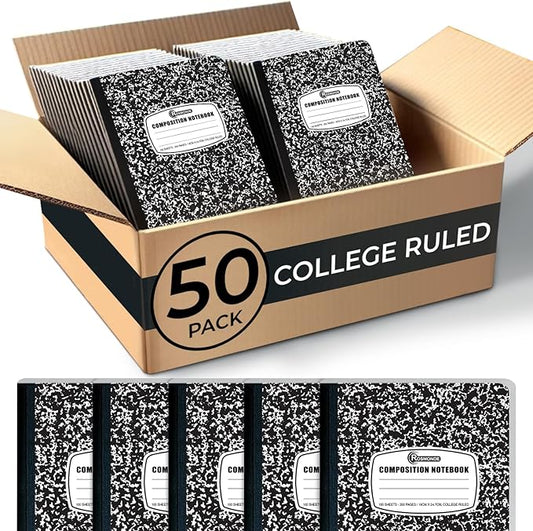 50 Pack Bulk Composition Notebooks College Ruled, 200 Pages (100 Sheets), 9-3/4 x 7-1/2, Black Marble Hard Cover, Bulk School Supplies, Bulk Notebooks for School, Bulk College Ruled Notebook-DeskLoop Office