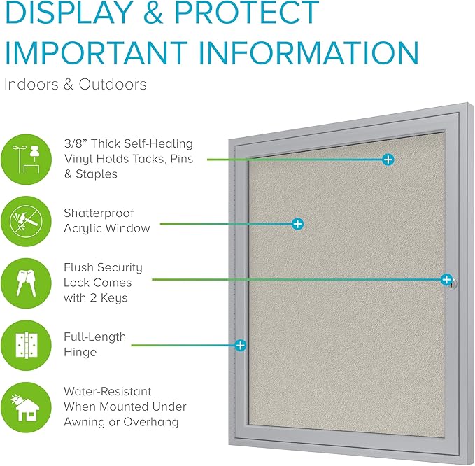 Ghent 36"x24" 1-Door Outdoor Enclosed Vinyl Bulletin Board, Shatter Resistant, with Lock, Satin Aluminum Frame - Ivory (PA13624VX-185), Made in The USA-DeskLoop Office
