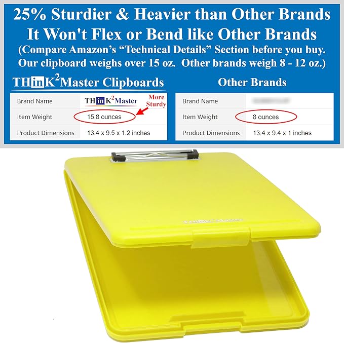 Think2Master Yellow Plastic Storage Clipboard. | 25% Heavier & Sturdier| Heavy - Image 2