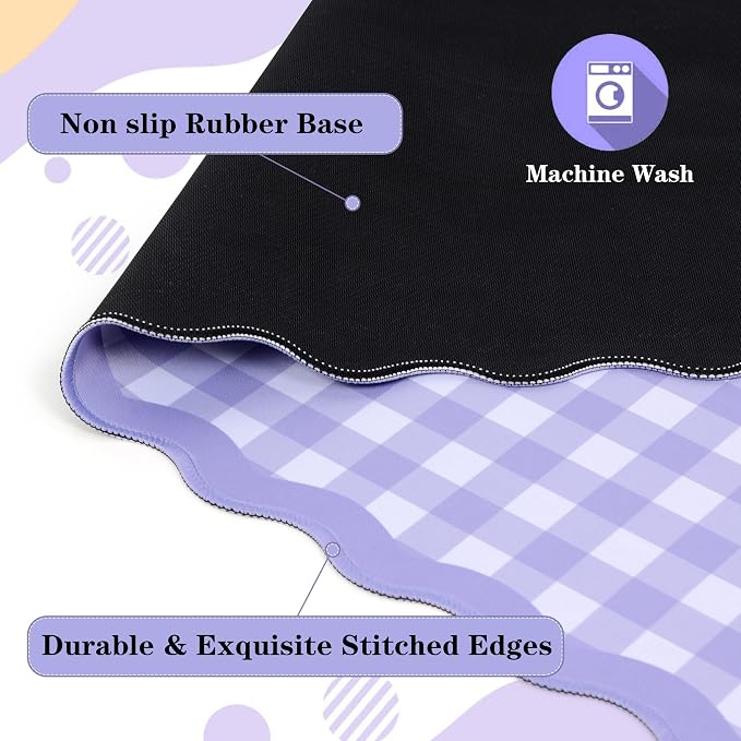 yuboo Scalloped Purple White Gingham Desk Mat, Grid Checkered Desktop Pad - Image 2