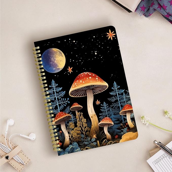 Cute Spiral Notebook journal B5 Aesthetic Pretty Design for Women Girls Kawaii with Pocket, 10 x 7.2 inch, Lined, Moon Mushroom-DeskLoop Office