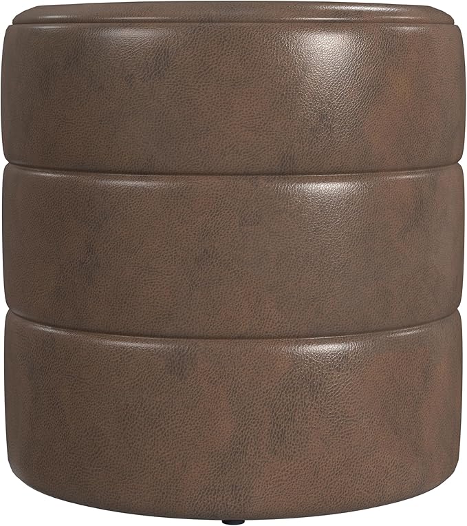 HomePop Upholstered Faux Leather Round Ottoman Home Décor|Foot Rest Ottoman- Brown Faux Leather-DeskLoop Office