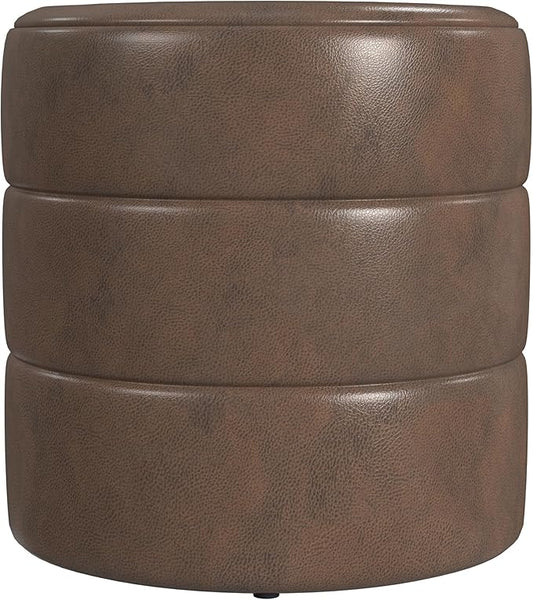 HomePop Upholstered Faux Leather Round Ottoman Home Décor|Foot Rest Ottoman- Brown Faux Leather-DeskLoop Office