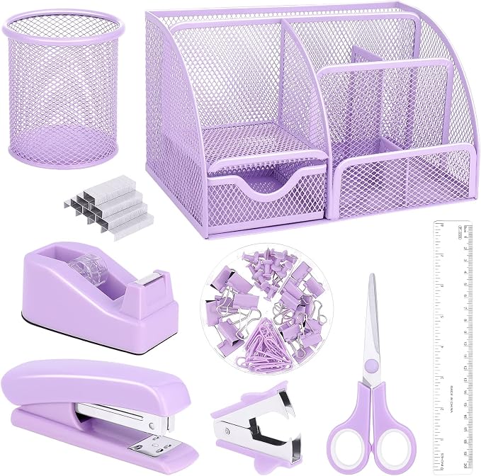 Purple Mesh Desk Organizer and Accessories, Tape Dispenser, 1000 Staples by auroray