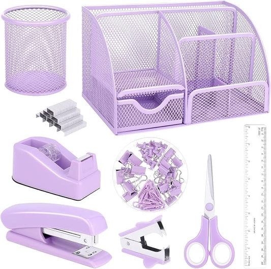 Purple Mesh Desk Organizer and Accessories, Tape Dispenser, 1000 Staples by auroray