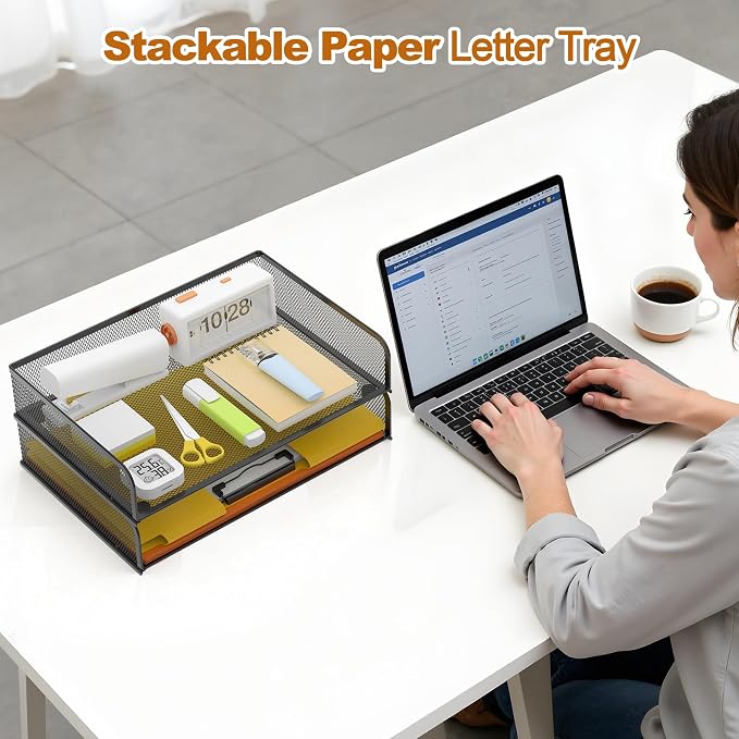 YINGHUA 2-Pack Metal Mesh Stackable Paper Letter Trays Organizer - Image 5