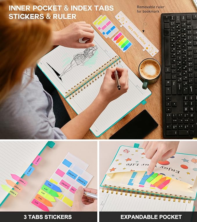 Large Spiral Notebook Journal for Women Men - 300 Numbered Lined Pages, College Ruled, A4 Hardcover Spiral Bound Notebook for School, Work, Note Taking, Writing, Leather Spiral Journal 8.5"x11"-DeskLoop Office