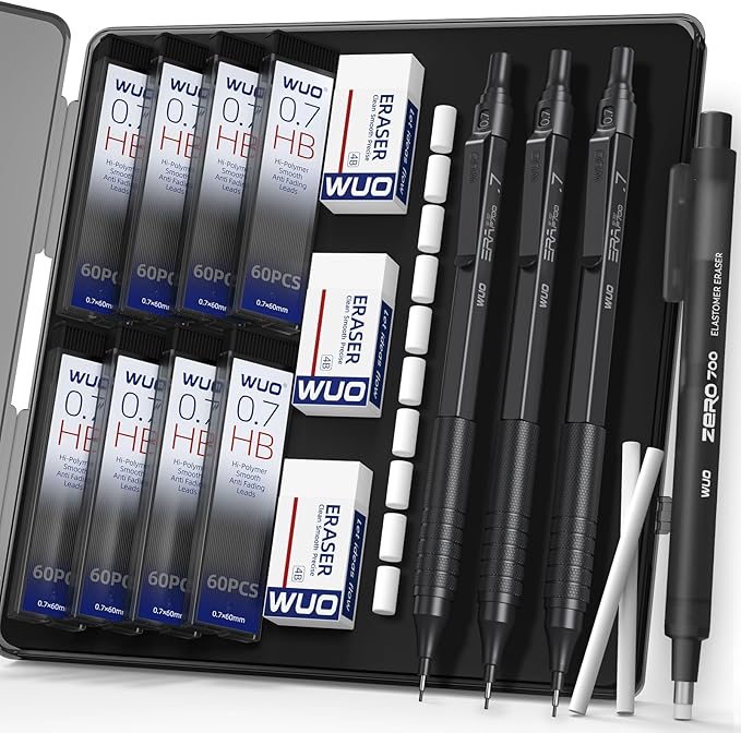 WUO 0.7mm Mechanical Pencil Set, 3 Black Metal Drafting Pencils by WUO