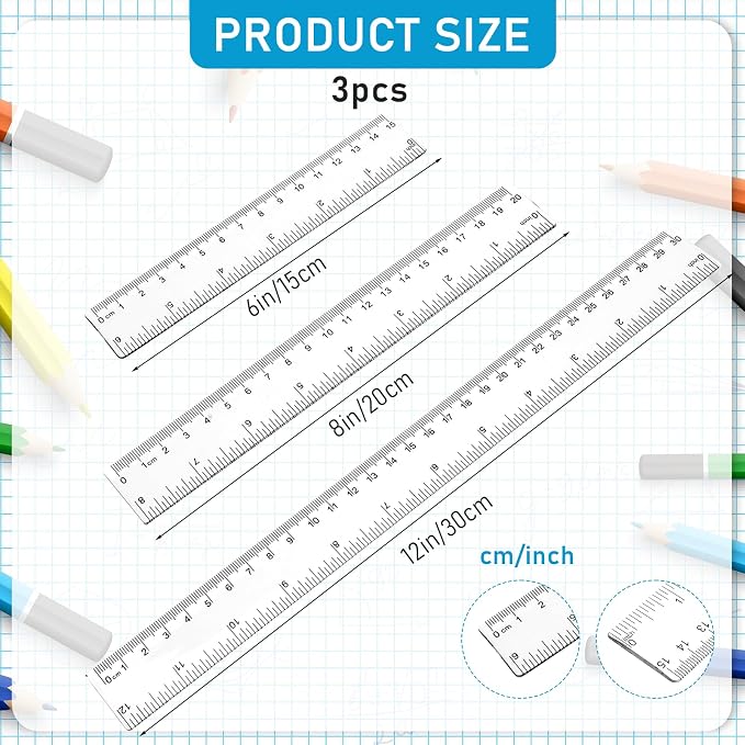 3 Pack 6 Inch 8 Inch 12 Inch Ruler Set Plastic Straight Ruler Transparent - Image 3