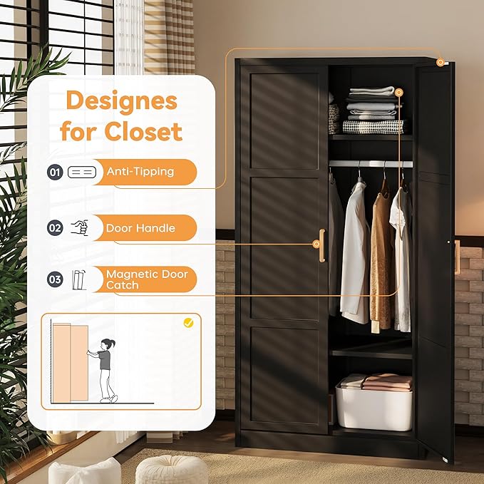 INTERGREAT Metal Storage Cabinet with Hanging Rail, Black Armoire Wardrobe Closet with 2 Doors,72" H Storage Closet Cabinets with Adjustable Shelves and Removable Hanging Rods-DeskLoop Office