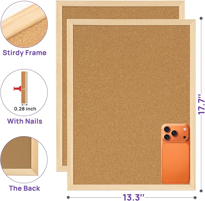 2 Pcs Cork Board, 17.7''x13.3'' Bulletin Board, Wooden Framed Corkboards - Image 2