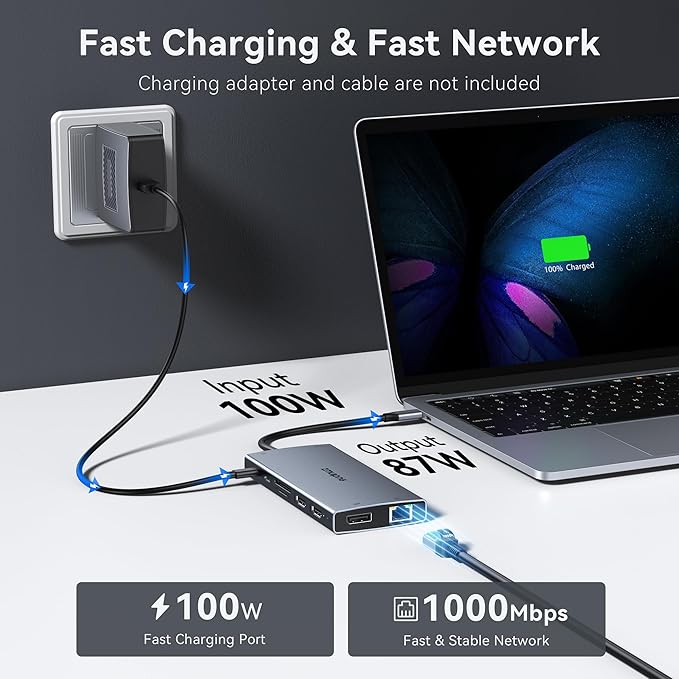 USB C Laptop Docking Station with 2 HDMI 4K@60Hz+DP 8K@30Hz for Dell HP Thinkpad Surface, 15 in 1 USB C Hub Triple Display Multiple Adapter, Dongle with USB A Port+Button+PD+Ethernet+SD/TF+Audio-DeskLoop Office