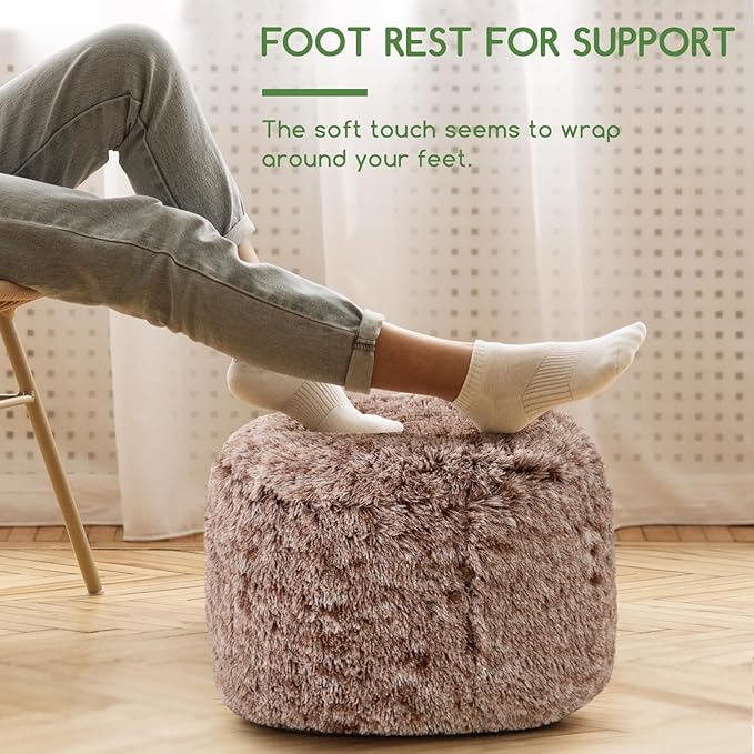 HIGOGOGO Round Stuffed Pouf Ottoman, Long Faux Fur Poufs with Foam Chunk Filling, Fluffy and Furry Pouf Foot Stool Storage Ottoman, 20 X 15 Floor Poufs Foot Rest for Living Room, Snow Coffee-DeskLoop Office