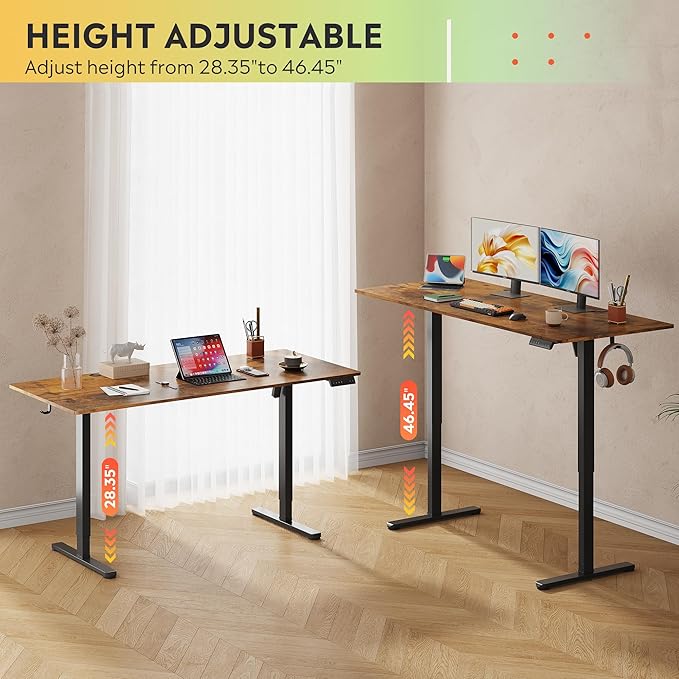 DEVAISE 63 Inch Electric Standing Desk, 3 Adjustable Height Stand up Desk for Home Office, Ergonomic Sit to Stand Desk with LED Touchscreen, Hook, 3 Memory Preset Computer Desk (Rustic Brown)-DeskLoop Office
