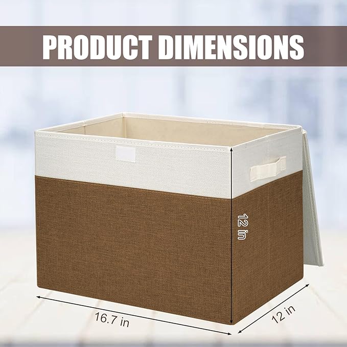 Large 17" 42 Quarts Collapsible Stackable Storage Bins with Lids [3-Pack] Foldable Fabric Linen Storage Boxes Cube, Closet Organizer Baskets with Label for Home (16.7 x 12 x 12", Brown & White)-DeskLoop Office