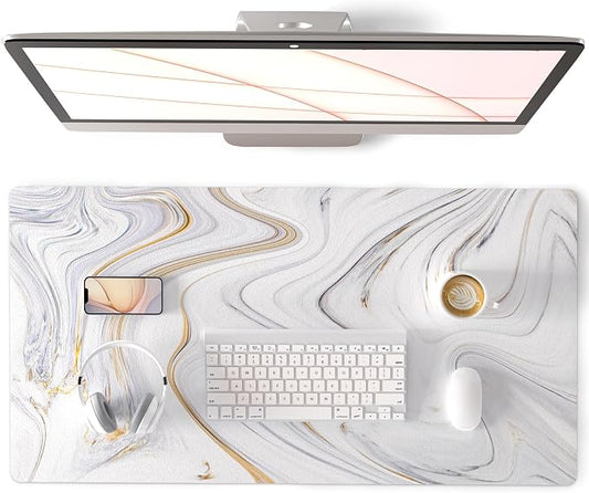 QIYI Large Mouse Pad, Cute Marble White Desk Mat, PU Leather Desk Protector by QIYI