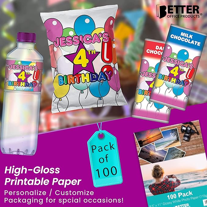 Better Office Products Thin Glossy Photo Paper, 100 Sheets, 8.5 x 11", 30 lb, 115gsm, Inkjet Photo Paper, for Brochure Printing, Custom Chip Bag Party Favors, Letter Size, 100-Count Pack-DeskLoop Office