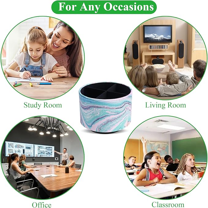 Round Leather Art Supply Organizer,Remote Control Holder,360-degree Rotating Pen Organizer with 4 Compartments(1-Pink Green Splash Ink)-DeskLoop Office