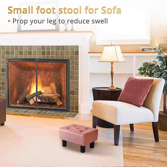 LUE BONA Small Foot Stool Ottoman, Velvet Tufted Footrest with Plastic Legs, 9''H, Rectangle Foot Stools for Adult with Non-Slip Pads, Footstool for Living Room,Couch, Pink-DeskLoop Office