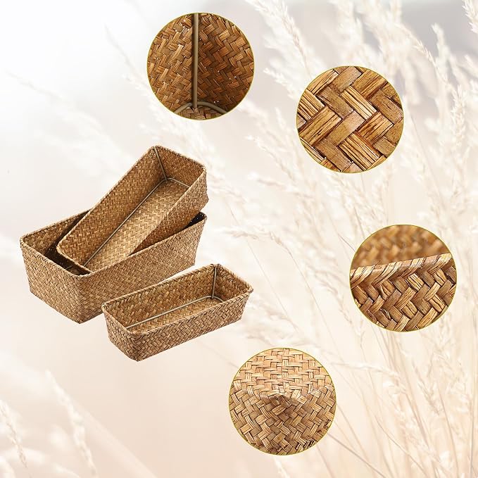 3 Natural Wicker Basket Set Rectangular Handwoven Seagrass Basket Storage Bins - Image 5