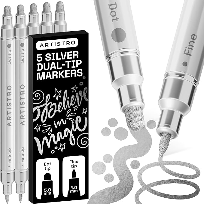 ARTISTRO 5 Silver Dual-Tip Acrylic Paint Markers – Paint Pens Set by ARTISTRO