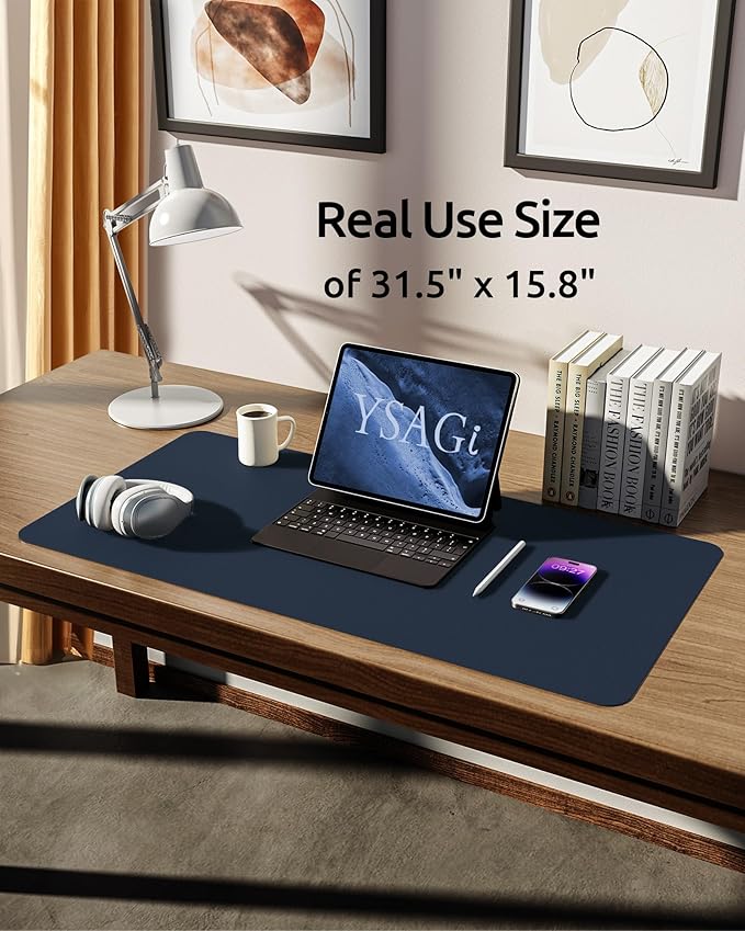 YSAGi Leather Desk Protector, Office Mat, Large Mouse Mat, Non-Slip PU Leather Blotter, Laptop Pad, Waterproof Writing Pad for Office and Home (Dark Blue, 31.5" x 15.8")-DeskLoop Office