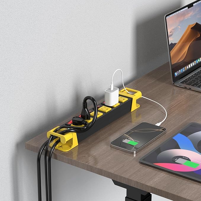 Heavy Duty Power Strip - 6 Outlet Power Strip with Individual Switches Cord Manager Surge Protector 1200J Home Office Garage Industrial Workbench-DeskLoop Office