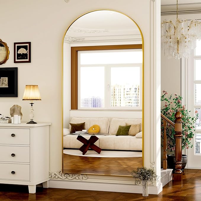 GLSLAND-38x77 inch Arched Full Length Mirror - Floor Mirrors Aluminum Alloy Frame Full Body Dressing Mirror for Bedroom Living Room,Gold-DeskLoop Office