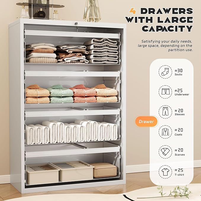 Superday Lateral File Cabinet 4 Drawer Metal File Cabinet with Lock, White Filing Cabinets for Home Office, Locking Filing Cabinets Hanging Files Letter/Legal/F4/A4-DeskLoop Office