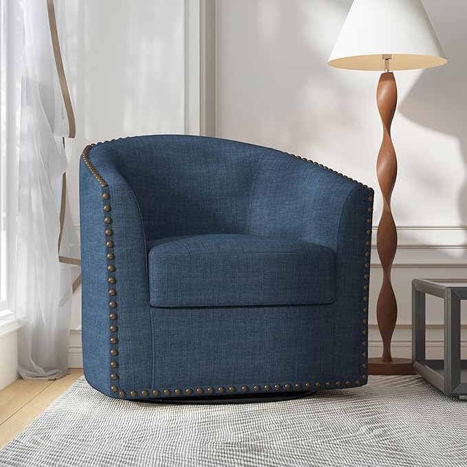 UIXE 360° Swivel Barrel Accent Chair, Modern Upholstered Arm Chair Round Club Armchair, Nailhead Trim Single Sofa Seating in Fabric for Living Room - Blue-DeskLoop Office