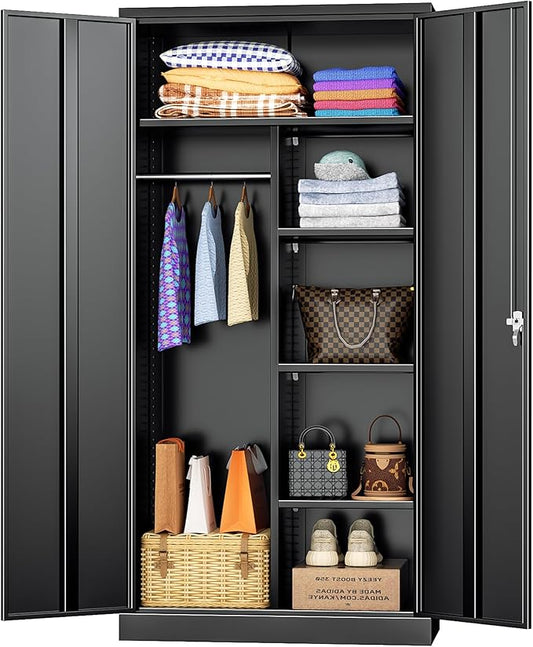 INTERGREAT Metal Storage Cabinet with Lock,Storage Wardrobe Cabinets with 4 Adjustable Shelves and Hanging Rod,Black Wardrobe Cabinet with Lockable Doors for Home Office,Warehouse,Garage-DeskLoop Office