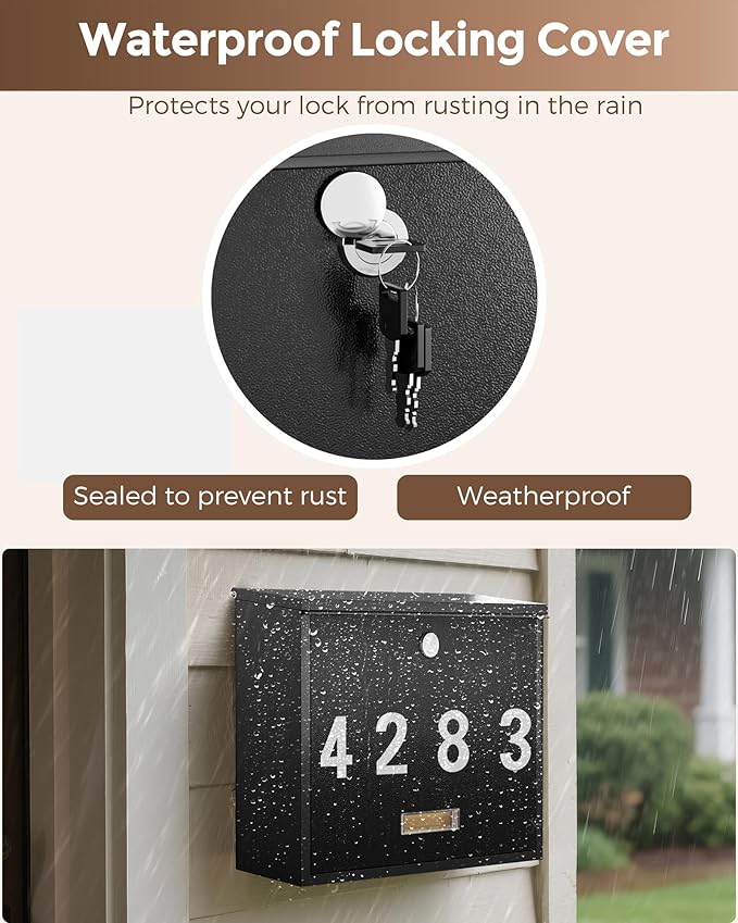 LAND·VOI Locking Wall-Mount Mailbox for Outside, with 4 Keys, Galvanized Steel Rustproof Metal Postbox, 4" Dx13.8 Wx11.2 H, Includes 3 Sets of Mailbox Numbers, Nameplate, Black, AMB33B-DeskLoop Office