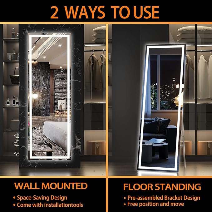 Hasipu Full Length Mirror with Lights, 65" x 20" LED Floor Mirror, Full Body Dressing Standing, Hanging Mounted Mirror for Living Room Bedroom Cloakroom, Square Black-DeskLoop Office
