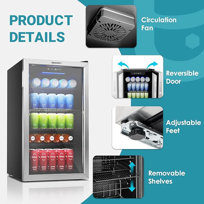 EUHOMY Beverage Refrigerator Cooler, 130 Can Mini Fridge with Glass Door for Soda Beer or Wine, Beverage Cooler for Home, Office, Bar with Adjustable Removable Shelves, Silver-DeskLoop Office