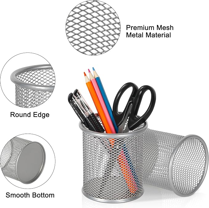 EasyPAG Pencil Holder for Desk, 2 Pack Metal Pen Organizer, Mesh Pencil Cup - Image 2