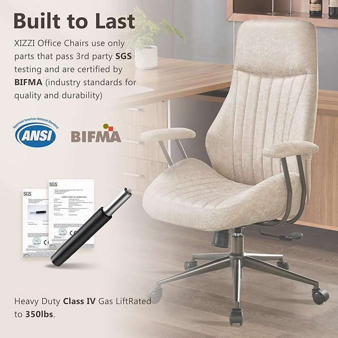 Mid Century Modren Office Chair - High Back Swivel Executive Chair with Lumbar Support,Ergonomic Computer Desk Chair with Wheels,Faux Lether Suede Task Chair,350lbs (Beige, High Back)-DeskLoop Office