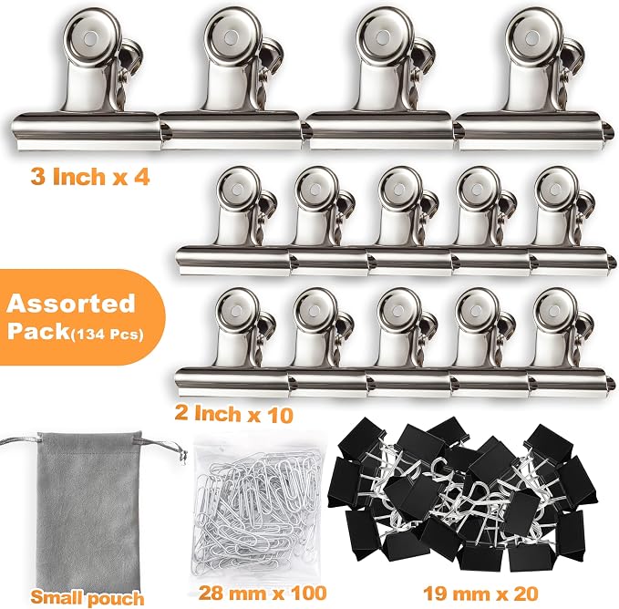 Stainless Steel Metal Hinge Clips Assorted Pack, Large Bulldog Clips 3 Inch & 2 - Image 3
