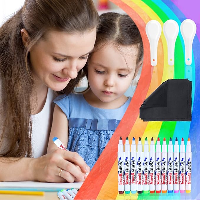 Teling 36 Pcs Magic Drawing Pen Bundle 12 Colors Magical Water Painting Pens for Kids Create Magic Pen Floating Ink Drawings Set with Spoons and Towel, Tattoo Water Marker Xmas Gift for Boy and Girl-DeskLoop Office
