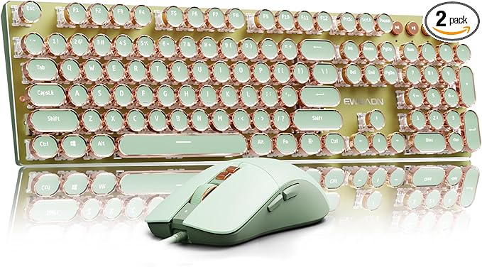 EWEADN Wired Typewriterkeyboard and Mouse Combo, Typewriter Style Mechanical Gaming Keyboard,104 Keys Backlit LED Keyboards, Media Control Knob, Wired Keyboard Pink Switch for Windows/Mac/PC-Green-DeskLoop Office