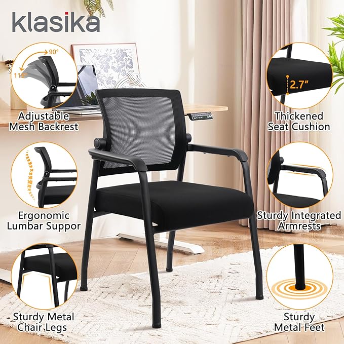 Desk Chair No Wheels with Adjustable Mesh Backrest, Arm Chair with Ergonomic Lumbar Support and Thickened Seats Cushion, Waiting Room Chairs for Office School Church Guest Reception-DeskLoop Office