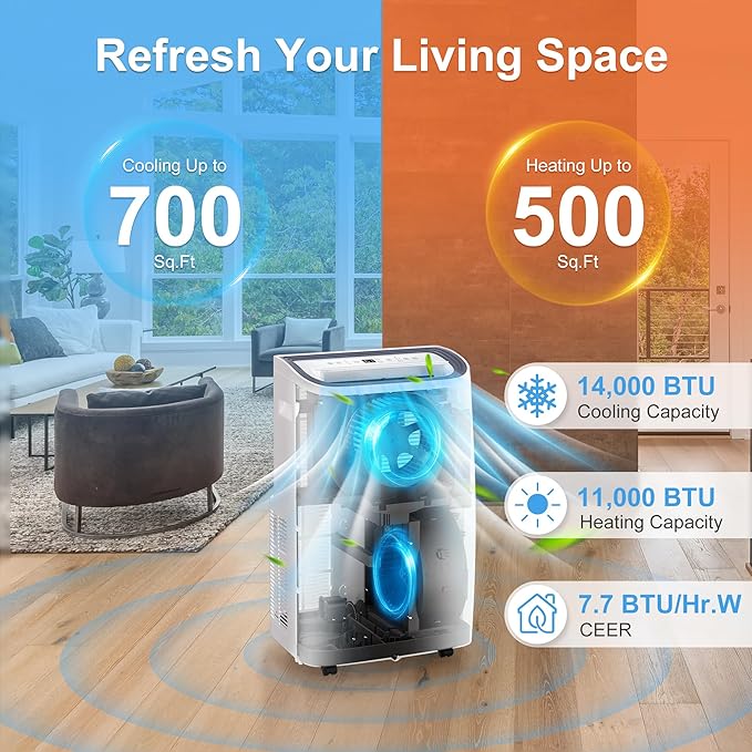 14,000 BTU Portable Air Conditioners for 700 Sq.Ft, 4-in-1 Room Air Conditioner with Cooling, Heating, Dehumidifier, Fan, Remote, Sleep Mode, Auto Swing, 24H Timer, Self-Evaporating Portable AC Unit-DeskLoop Office