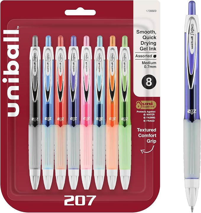 uniball 207 Fashion Retractable Gel Pens, Medium Point, 8 Pack by uni-ball