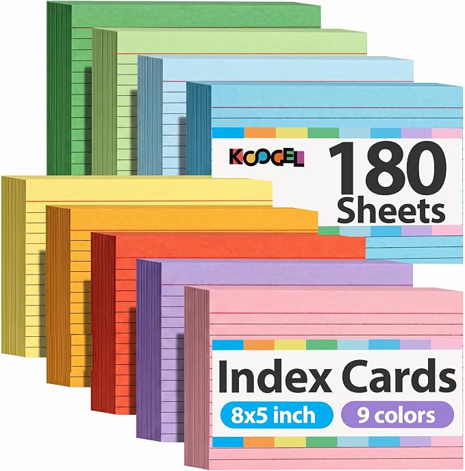 Koogel 180PCS Large Colored Index Cards, 5x8 Inch Lined Index Neon Colored by KOOGEL