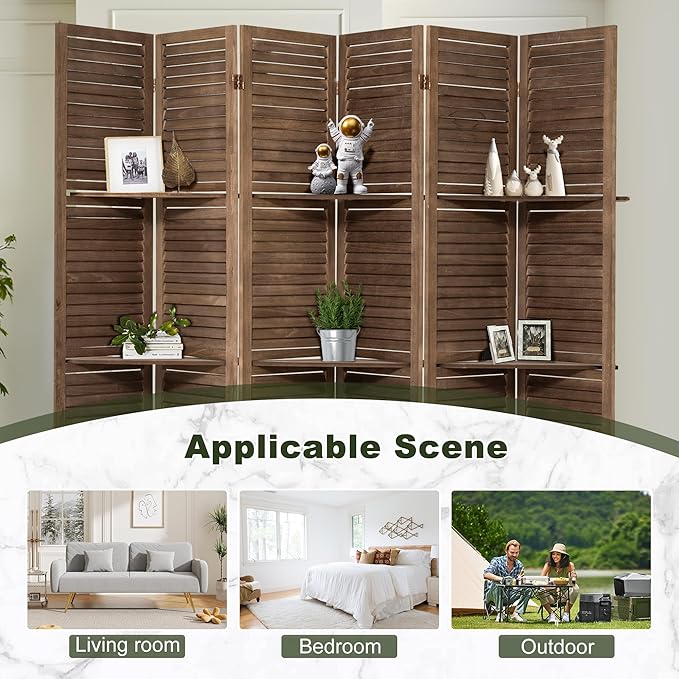 NicBex 6 Panel Room Divider 5.6FT Louvered Design Room Dividers with Display Storage Shelves Folding Privacy Screens Portable Freestanding Partition Wall Dividers for Home Bedroom Office, Dark Brown-DeskLoop Office
