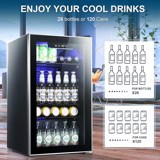 Antarctic Star Beverage Refrigerator -120 Can Mini Fridge for Soda Beer or Wine,Small Drink Dispenser, For Office or Bar with Adjustable Removable Shelves，Convertible Door ，3.1 Cu.Ft-DeskLoop Office