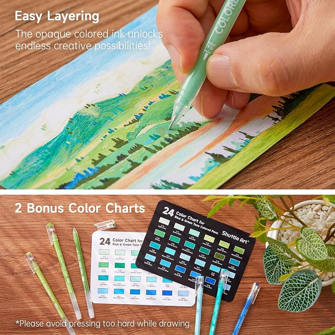 Shuttle Art Colored Pens, 24 Blue & Green Tone Colors Cute Journal Pens 0.6mm - Image 4